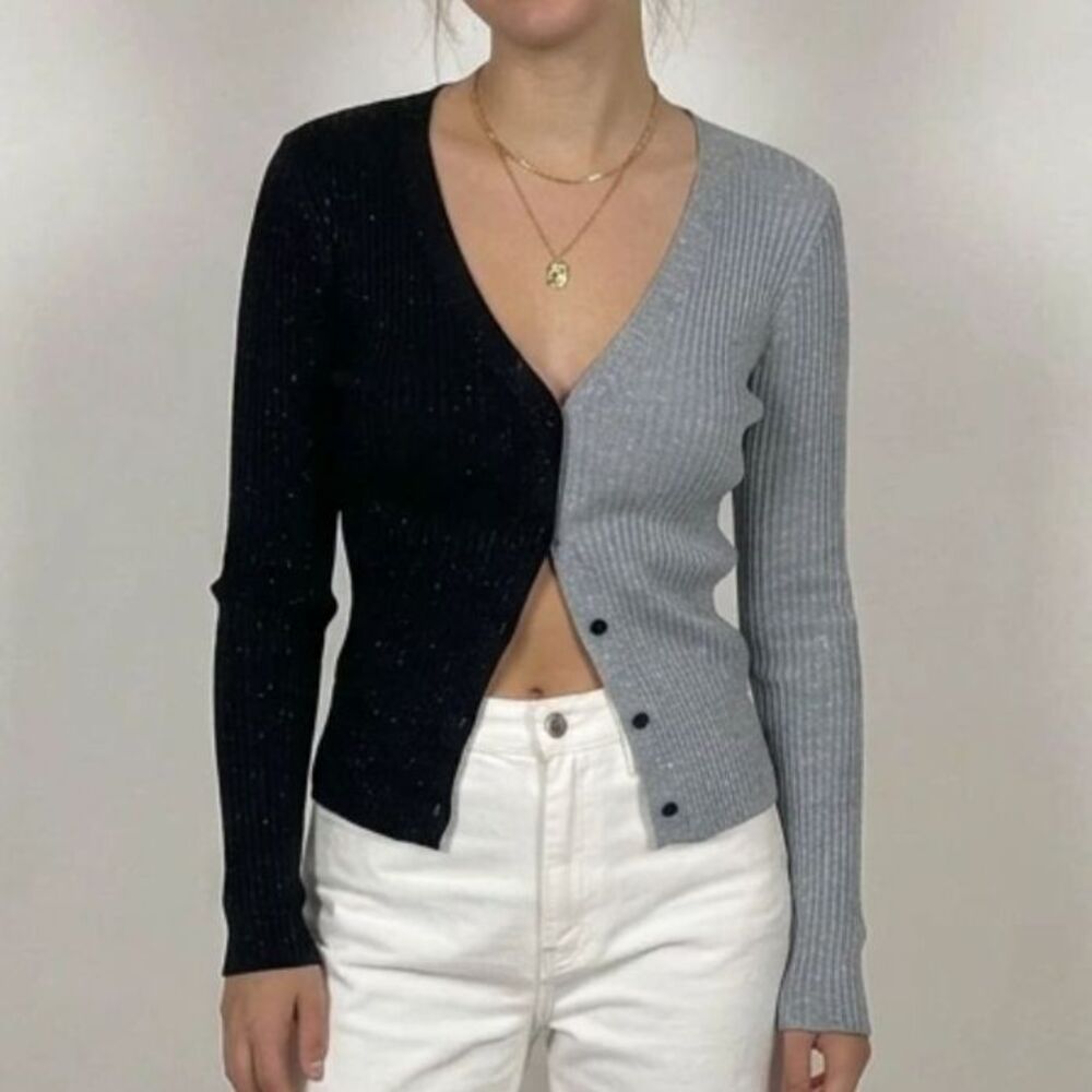 STAUD Clean E-Girl Cargo Color Blocked Shimmery Ribbed Sweater Cardigan